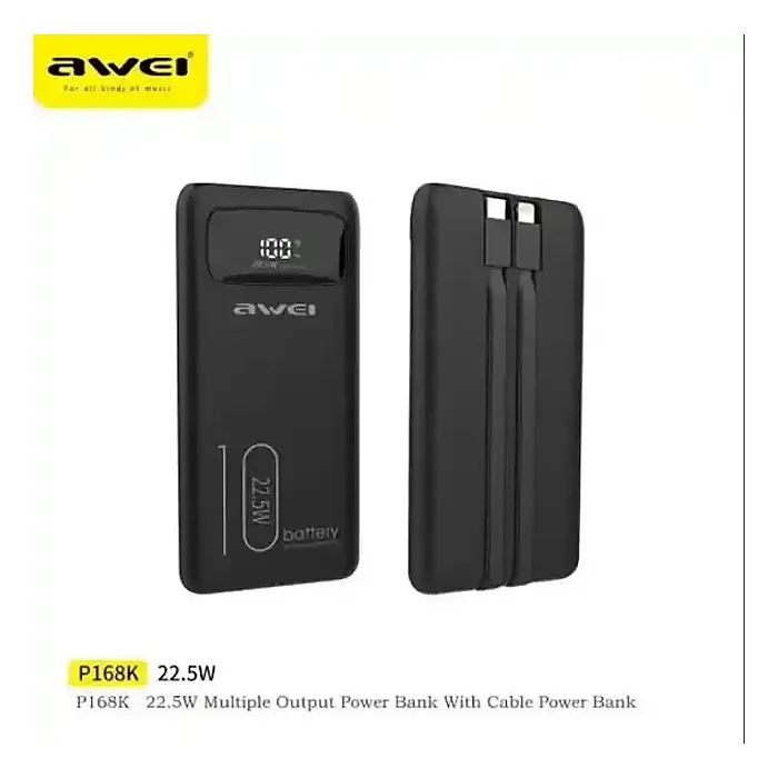 Awei P168K 10000mAh 22.5W Power Bank Fast Charging with LCD Display and Built-in Cables